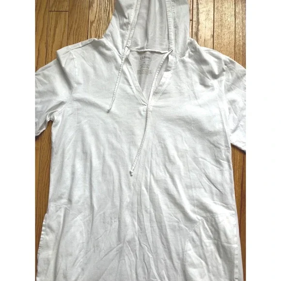 LL Bean Womens White 100% Cotton Hooded Tunic Swim Cover Up 3/4 Sleeve Size M - Picture 3 of 7